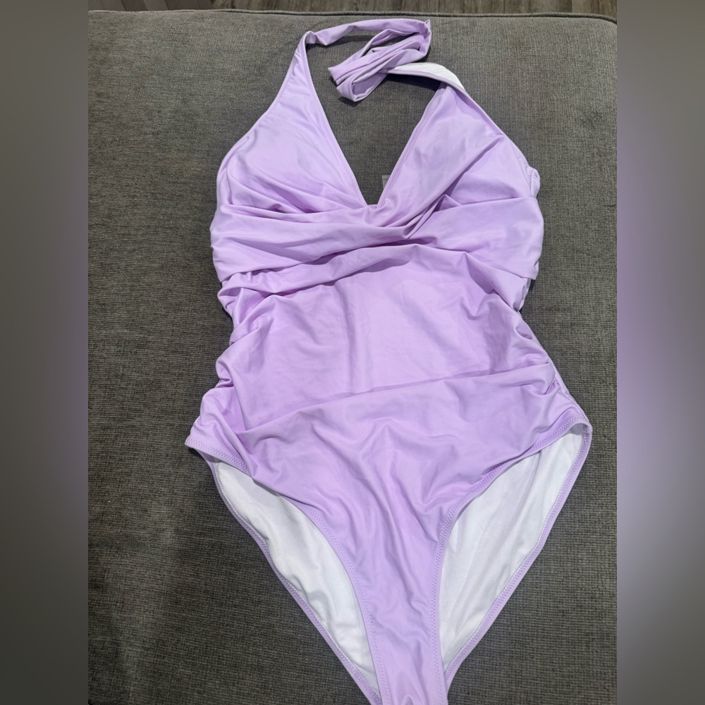 Lavender Ruched Halter One-Piece Swimsuit - Picture 9 of 12